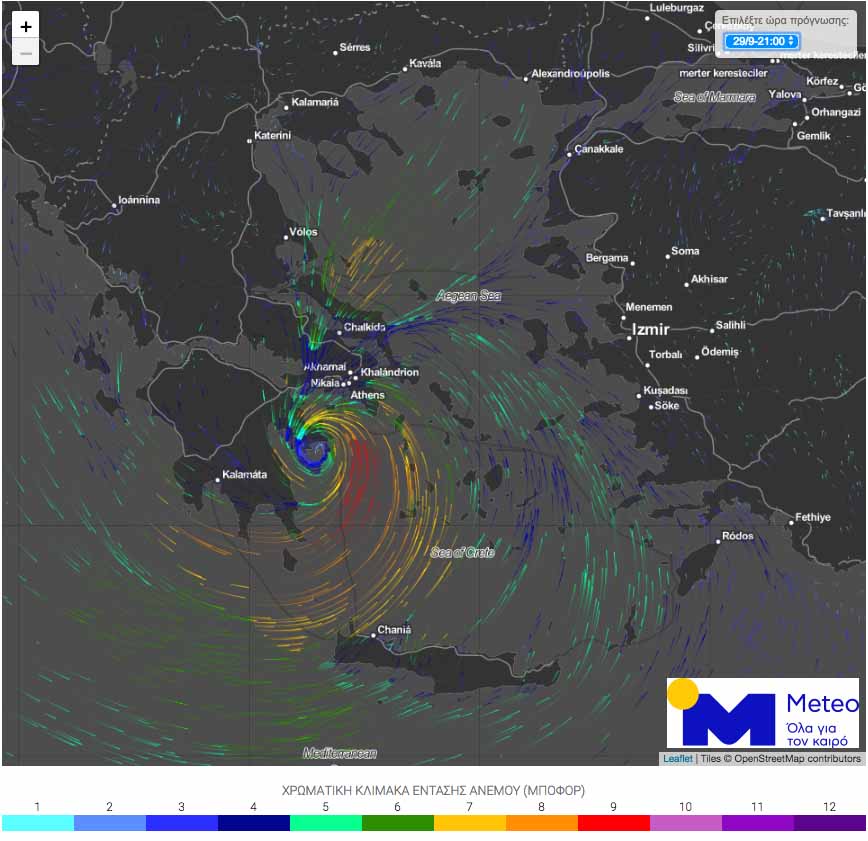 Η προβλεπόμενη θέση του Μεσογειακού Κυκλώνα "Ξενοφών" στην περιοχή της Αργολίδας το βράδυ του Σαββάτου 29 Σεπτεμβρίου 2018 στις 21:00.