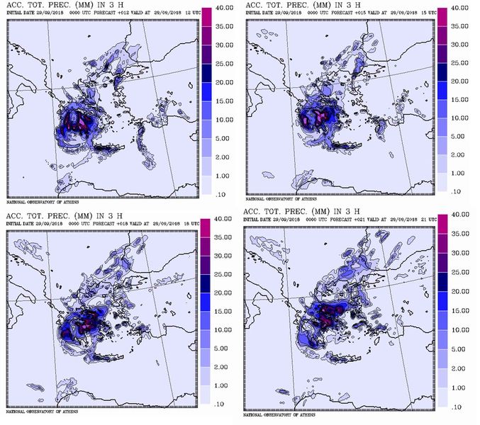 Προγνωστικοί χάρτες υετού (βροχόπτωση) για το Σάββατο 29/09. Οι αποχρώσεις του μπλε και μωβ δείχνουν τον υετό σε χιλιοστά.   