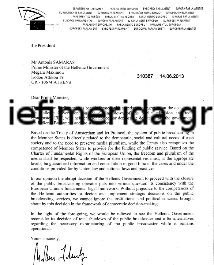 Επιστολή Σουλτς στον Σαμαρά: Ανοίξτε την ΕΡΤ τώρα, δώστε λύση | iefimerida.gr 0