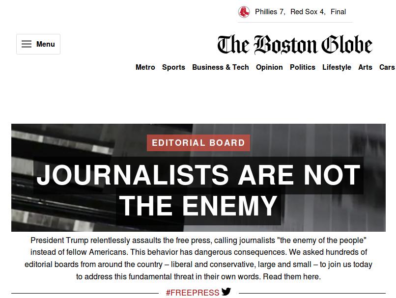 To σημερινό κύριο άθρο της Boston Globe: «Οι δημοσιογράφοι δεν είναι εχθροί»
