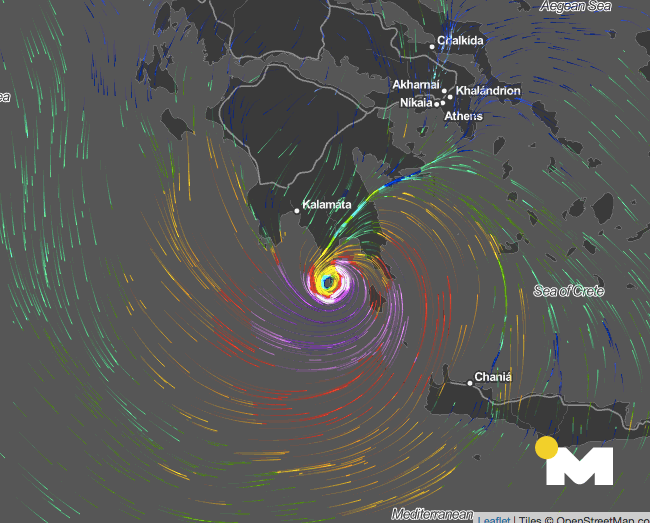 Η προβλεπόμενη θέση του Μεσογειακού Κυκλώνα Ζορμπά νότια της Πελοποννήσου το απόγευμα του Σαββάτου 29 Σεπτεμβρίου 2018 στις 15:00.