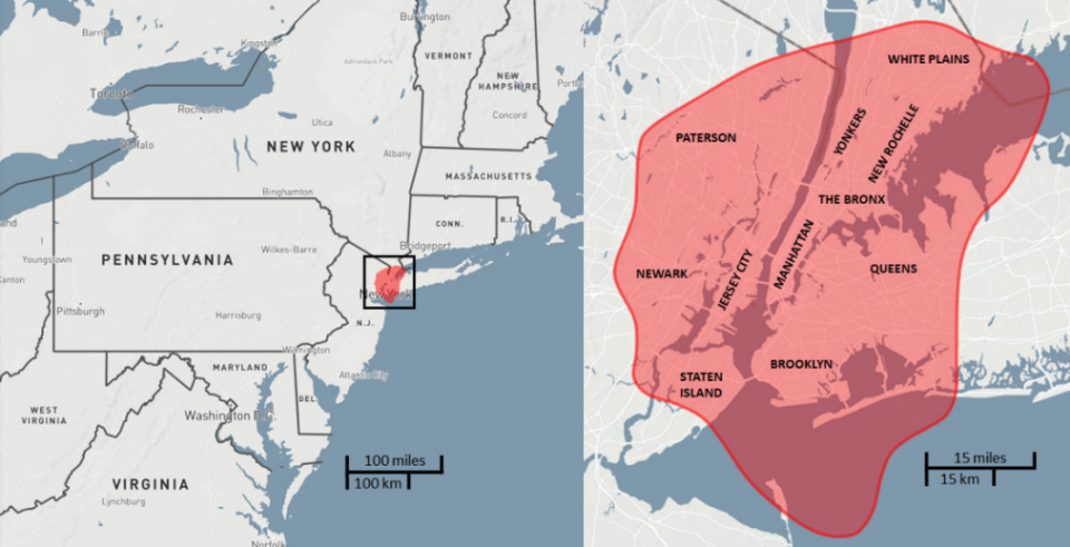 Στο σχέδιο αναφέρεται ως παράδειγμα πόση έκταση στη Νέα Υορκη θα κατέστρεφε η πτώση αστεροειδούς διαμέτρου περίπου 70 μέτρων