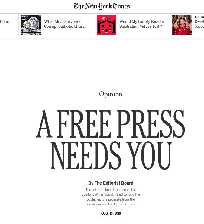 «Ο ελεύθερος Τύπος σε χρειάζεται», επιγράφουν το κύριο άθρο τους οι New York Times 