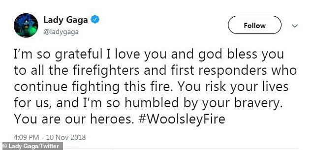 H Lady Gaga ευχαριστεί δημοσίως τους πυροσβέστες αφότου έφυγε από το σπίτι της.
