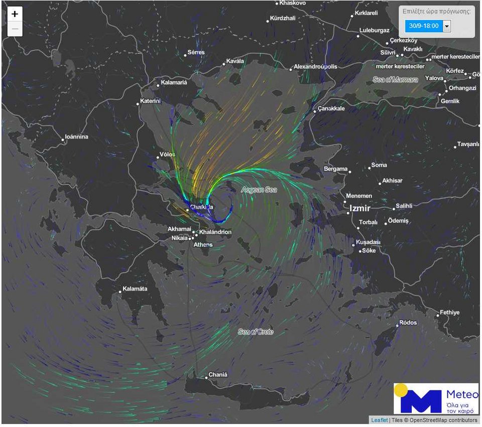 Η προβλεπόμενη θέση του Μεσογειακού Κυκλώνα "Ξενοφών" την Κυριακή 30 Σεπτεμβρίου 2018 στις 18:00.