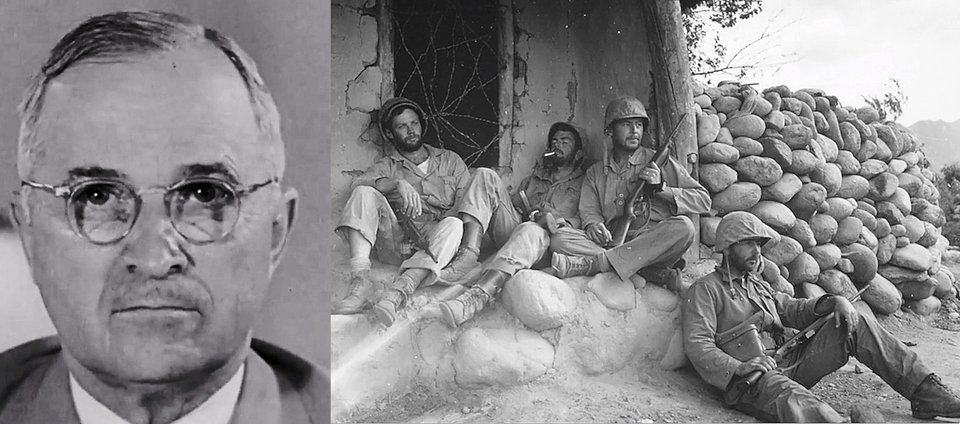 Αριστερά : Ο Χάρυ Σ. Τρούμαν 33ος Πρόεδρος των Ηνωμένων Πολιτειών, από το 1945 έως το 1953. Είναι ο Πρόεδρος που θα τερματίσει τον Β' Παγκόσμιο πόλεμο, αποφασίζοντας τη ρίψη ατομικής βόμβας στη Χιροσίμα και το Ναγκασάκι, θα διεξάγει τις διαπραγματεύσεις για την μεταπολεμική Ευρώπη, και θα «χρεωθεί» με την εμπλοκή των ΗΠΑ στον πόλεμο της Κορέας. Δεξιά: Αμερικανοί Πεζοναύτες στον Πόλεμο της Κορέας. Ξεκουράζονται δίπλα σε μια καλύβα, αφού προηγουμένως σκότωσαν έναν ΒορειοΚορεάτη ελεύθερο σκοπευτή που είχε καταφύγει εκεί.