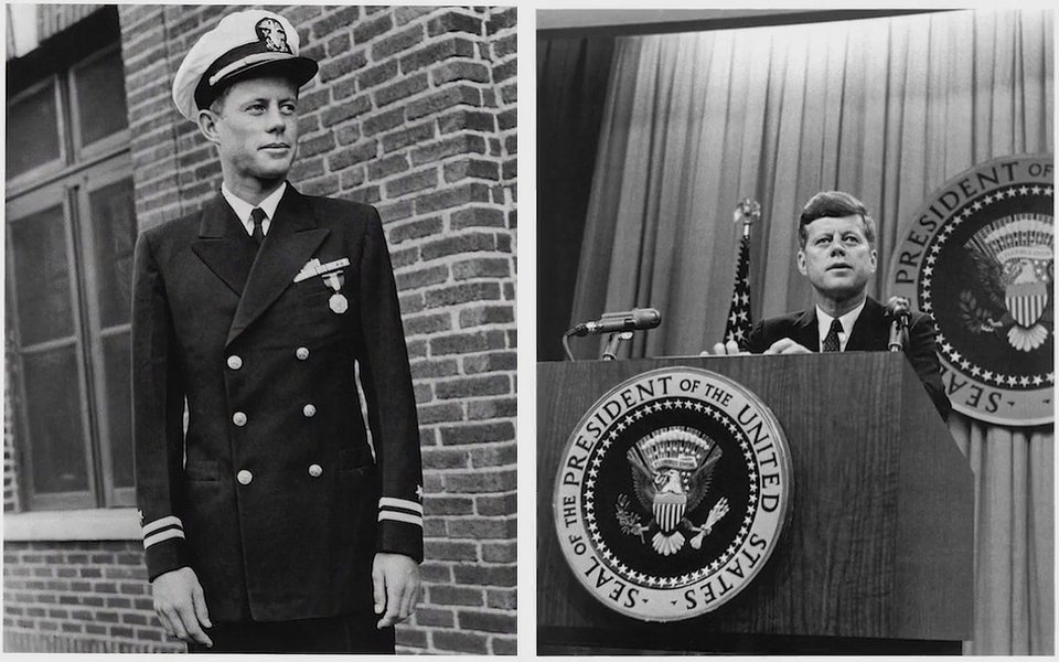Αριστερά, ο Υποπλοίαρχος Τζον Φ. Κένεντι, 1944. Ο Κένεντι είχε υπηρετήσει ως κυβερνήτης περιπολικού σκάφους (PT-Boat) στον Ειρηνικό Ωκεανό κατά τη διάρκεια του Β΄ Παγκοσμίου Πολέμου. Δεξιά: Ο Κένεντι, Πρόεδρος των ΗΠΑ.