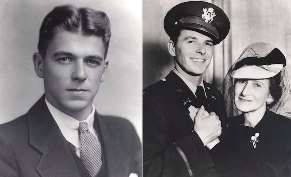 Αριστερά: Ο Ρόναλντ Ρήγκαν, 40ος Πρόεδρος των Ηνωμένων Πολιτειών, σε νεαρή ηλικία, πιθανότατα κατά τη διάρκεια της καριέρας του ως ηθοποιός. Η καριέρα του στον κινηματογράφο διήρκεσε δύο δεκαετίες, κατά τις οποίες εμφανίστηκε σε 53 ταινίες. Δεξιά: Ο Ρόναλντ Ρήγκαν με τη μητέρα του, Νελ Γουίλσον Ρήγκαν, κατά τη διάρκεια της στρατιωτικής του θητείας.