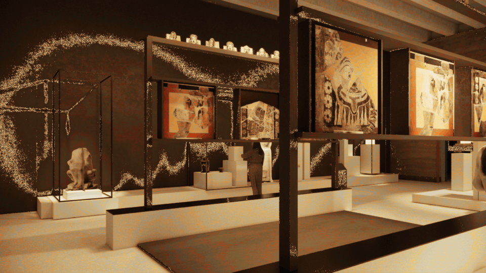 Φωτορεαλιστική απεικόνιση αίθουσας με εκθέματα από την Ανατολή και τη Δύση (ΕΑΜ)