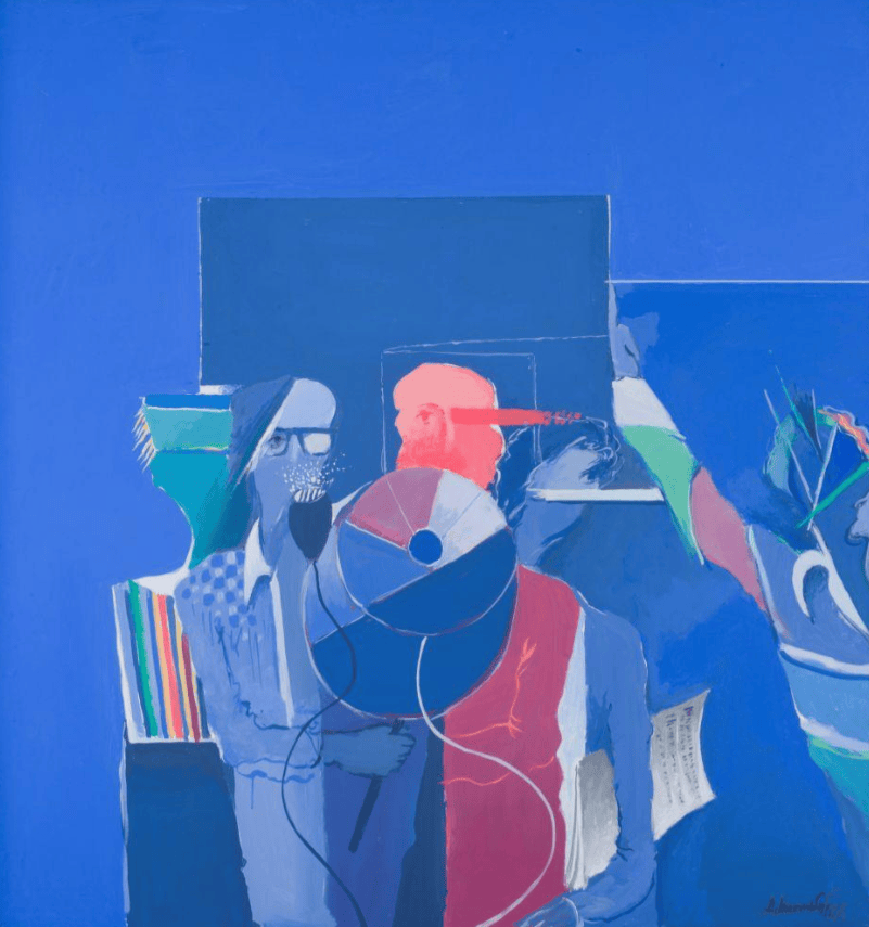 4ος όροφος /  Δημοσθένης Κοκκιννίδης, Διαδήλωση,  1980Για λίγα λεπτά, άφησε τον θόρυβο της σκηνής να καταλαγιάσει μέσα σου. Παρατήρησε ήρεμα τις μορφές και τις γραμμές, και άκου τον δικό σου εσωτερικό παλμό με σταθερή, συνειδητή αναπνοή