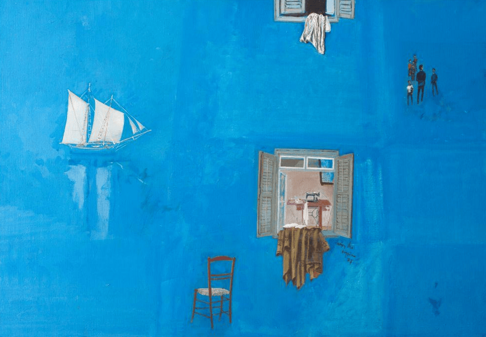 3ος όροφος / Σπύρος Βασιλείου,  Μια γαλάζια μέρα,  1977Αναπνέω. Αφήνομαι. Ησυχάζω. Στο κενό της σύνθεσης, στη σιωπηλή παρουσία των μορφών, μέσα στο γαλάζιο της σιωπής, αφήνω τον νου μου να ηρεμήσει και απλώς υπάρχω