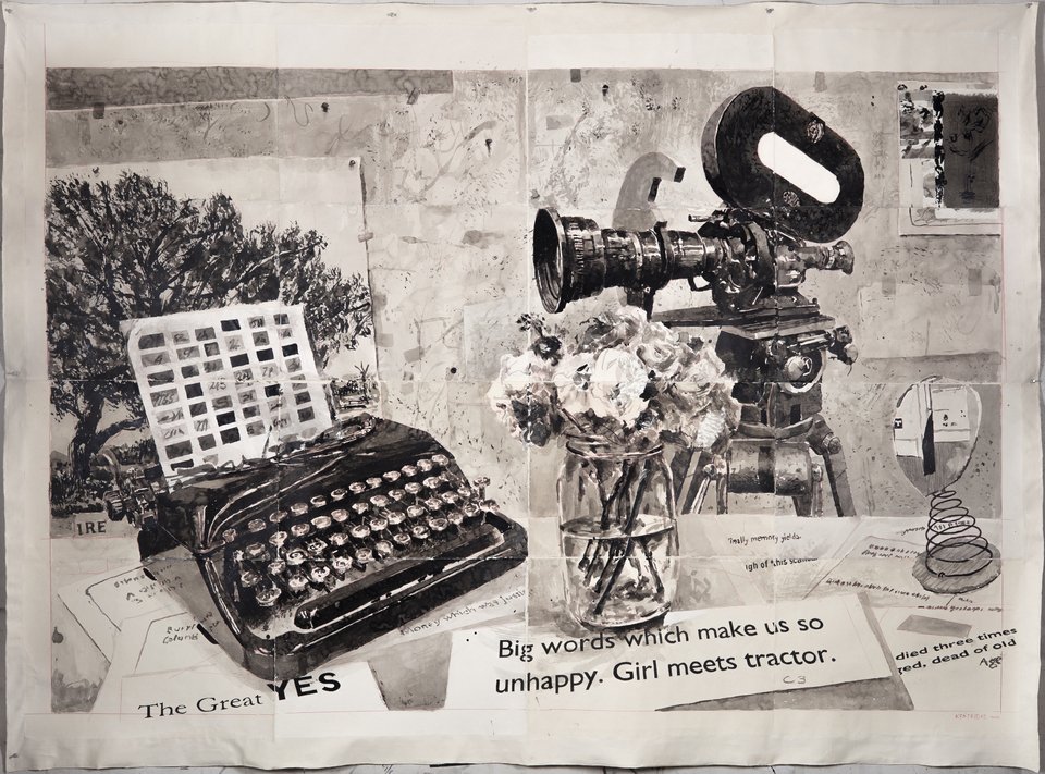 William Kentridge  The Great Yes (Studio Still Life), 2022  Σινική μελάνη και μολύβι σε χειροποίητο χαρτί Phumani, τοποθετημένο σε ακατέργαστο καμβά  181 x 221 εκ. Eυγενική παραχώρηση Kentridge Studio © William Kentridge 