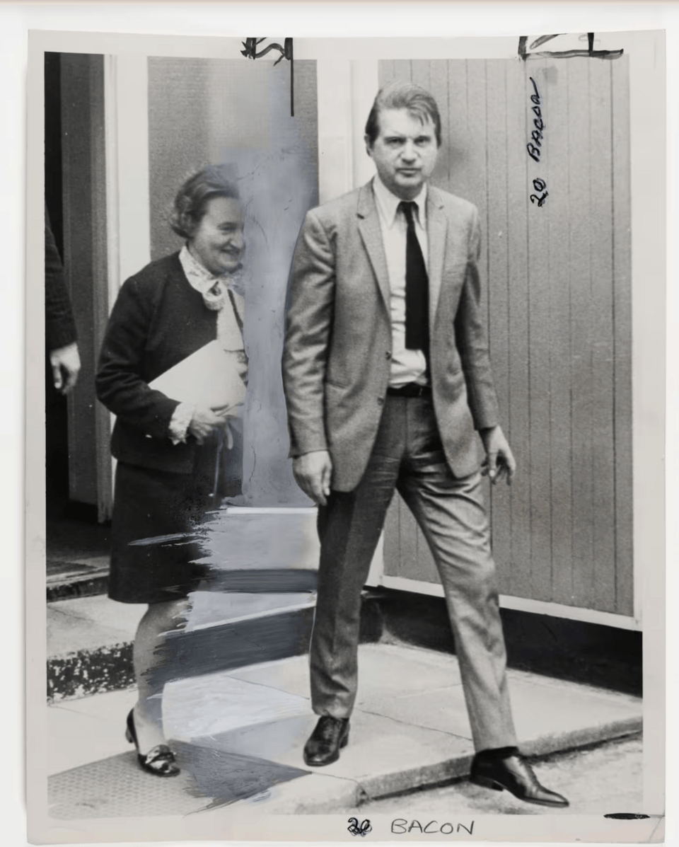 Print of an uncredited press photograph of Bacon leaving Marlborough Magistrates Court in London in June 1971, which Bacon has judiciously painted over with shades of grey paint