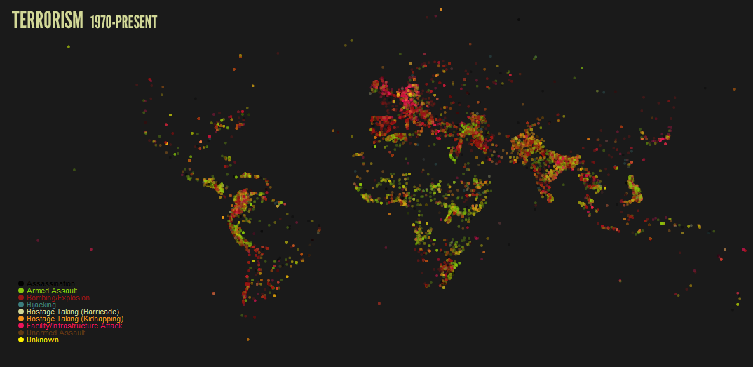 Ολες οι τρομοκρατικές επιθέσεις στον κόσμο, από το 1970, σε ένα χάρτη -Ενας τραγικός απολογισμός