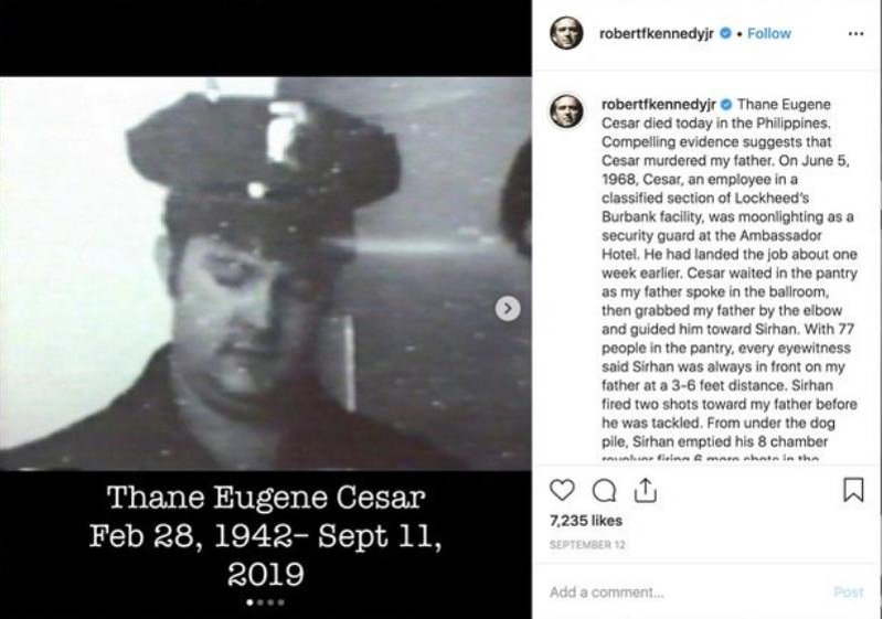 Η ανάρτηση του Ρόμπερτ Κένεντι τζούνιορ στο Instagram, όπου κατονομάζει τον φύλακα σεκιούριτι Θέιν Γιουτζίν Σίζαρ ως δολοφόνο του πατέρα του. 