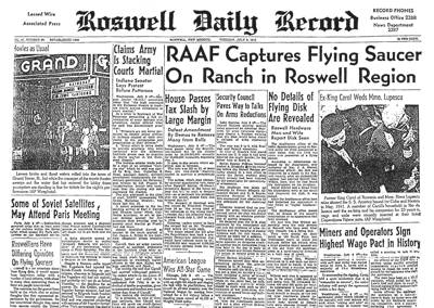 Η εφημερίδα Roswell Daily Record της 8ης Ιουλίου 1947, δημοσιεύει την ανάκτηση Ιπτάμενου Δίσκου