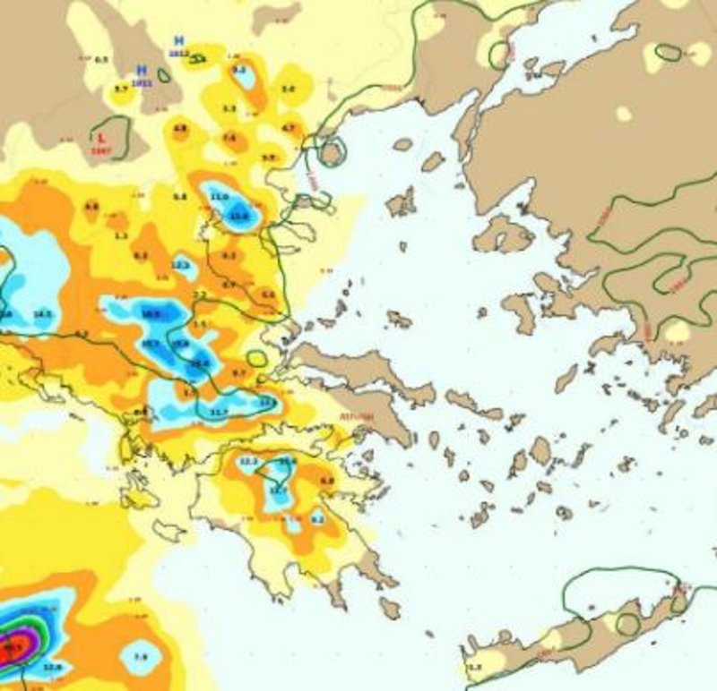 Ο προγνωστικός χάρτης της ΕΜΥ για το μεσημέρι της Τρίτης