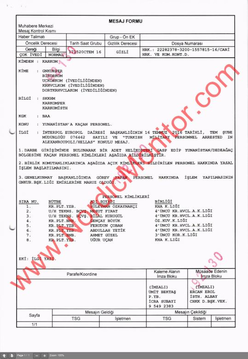 H Nordic Monitor έφερε στο φως τα απόρρητα έγγραφα για τη στρατιωτική επιχείρηση της Τουρκίας με στόχο την επιστροφή των 8 Τούρκων αξιωματικών από την Ελλάδα.  