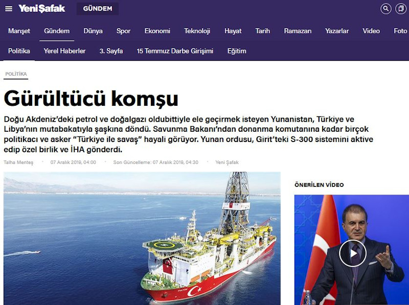 Το δημοσίευμα της Υeni Safak χαρακτηρίζει «Θορυβώδη γείτονα» την Ελλάδα.