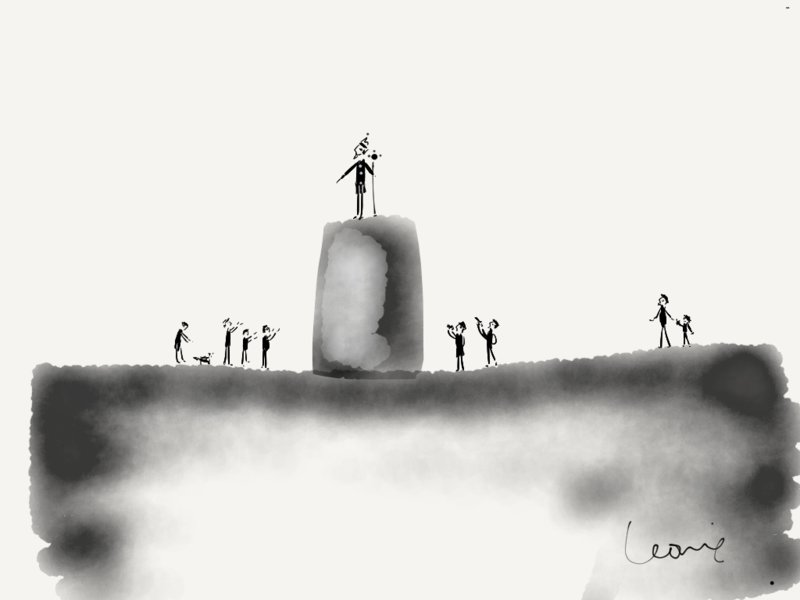 H Λεώνη Γιαγδζόγλου χρησιμοποιεί το digitised ασπρόμαυρο σχέδιο για να απεικονίσει αφηρημένες έννοιες όπως δημοκρατία, έλεγχος, αδιαφορία, χάος, κρίση.