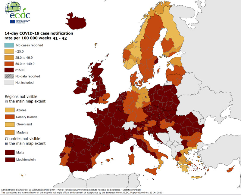 Ο αντίστοιχος δείκτης ECDC, 22 Οκτ. 65.7/100k πληθυσμού/14d Ελλάδα σήμερα