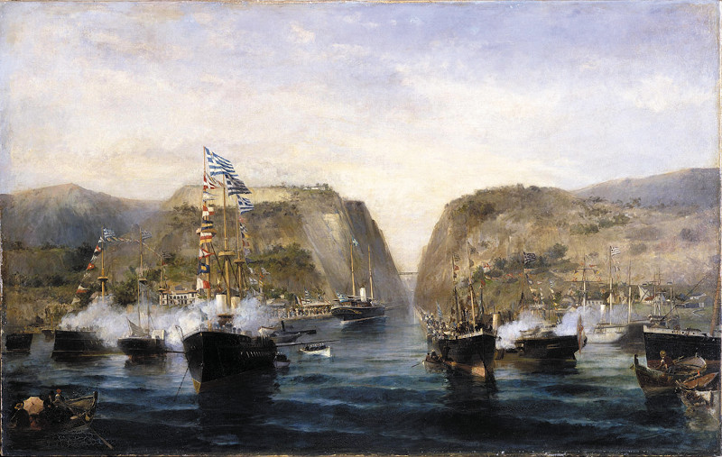  Τα εγκαίνια της Διώρυγας της Κορίνθου. Ελαιογραφία Κυριάκου Βολανάκη από την Καλλιτεχνική Συλλογή της Εθνικής Τράπεζας. 