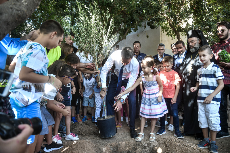 Η στιγμή που ο πρωθυπουργός μαζί με τους μαθητές φυτεύει την ελιά στο 7ο Δημοτικό Σχολείο Γαλατσίου -EUROKINISSI