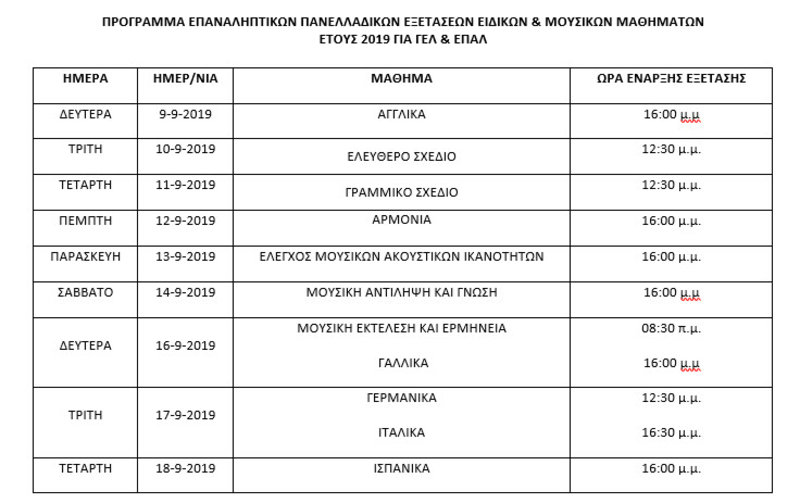 Οι ημερομηνίες των Επαναληπτικών Εξετάσεων για τα Ειδικά Μαθήματα και τα Μουσικά Μαθήματα