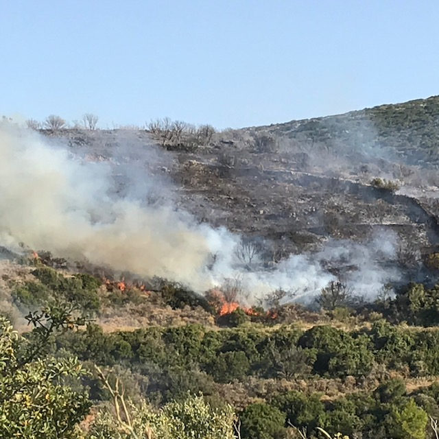 Οι φλόγες καίνε την πλαγιά στην περιοχή Αγία Πελαγία των Κυθήρων