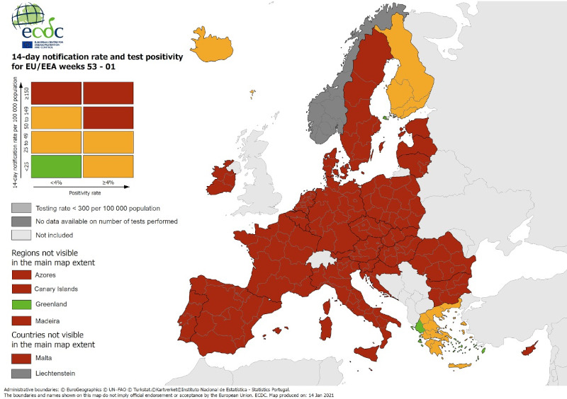 Καλύτερη είναι η επιδημιολογική εικόνα του κορωνοϊού στην Ελλάδα, σε σχέση με άλλες χώρες της Ευρώπης σύμφωνα με τον ανανεωμένο χάρτη του Ευρωπαϊκού Κέντρου Πρόληψης και Ελέγχου Ασθενειών (ECDC).