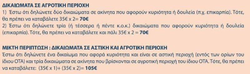 Παράδειγμα υπολογισμού του παγίου τέλους για κτηματογράφηση τόσο για τις αγροτικές περιοχές, όσο και για τις μικτές περιπτώσεις, δηλαδή σημεία όπου υπάρχουν δικαιώματα σε αστική και αγροτική περιοχή. 