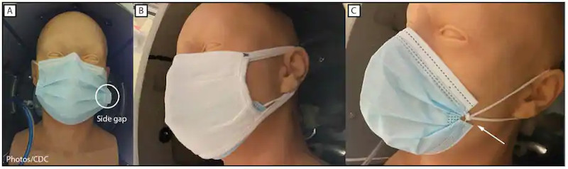 To CDC συνιστά να κάνουμε έναν κόμπο στις χειρουργικές μάσκες για να βελτιώσουμε την εφαρμογή της και να μειώσουμε τη διαρροή αέρα από τα κενά. Α: χειρουργική μάσκα χωρίς κόμπους Β: διπλή μάσκα (υφασμάτινη πάνω από χειρουργική) C: Χειρουργική μάσκα με κόμπο και καλύτερη εφαρμογή