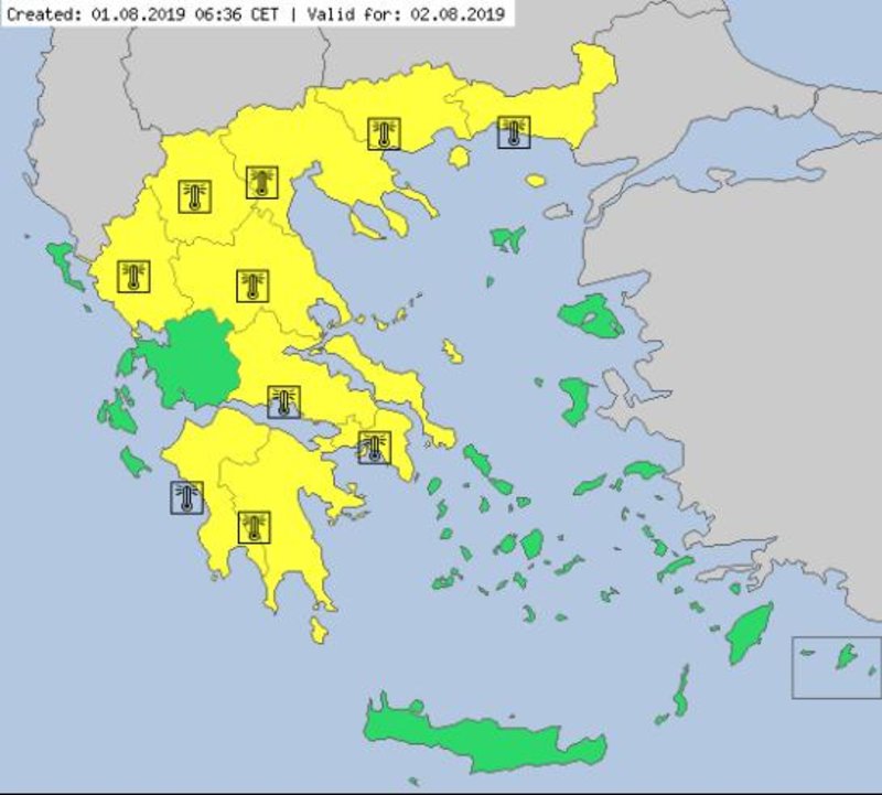 Το μεγαλύτερο τμήμα της χώρας θα πάρει σήμερα μια πρώτη γεύση από τον επερχόμενο καύσωνα / Χάρτης: METEOALARM.EU