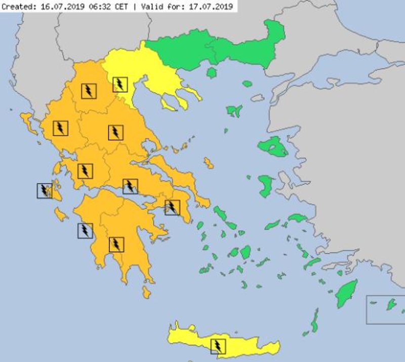 Ο χάρτης προειδοποιήσεων του meteoalarm για την Τετάρτη 17 Ιουλίου
