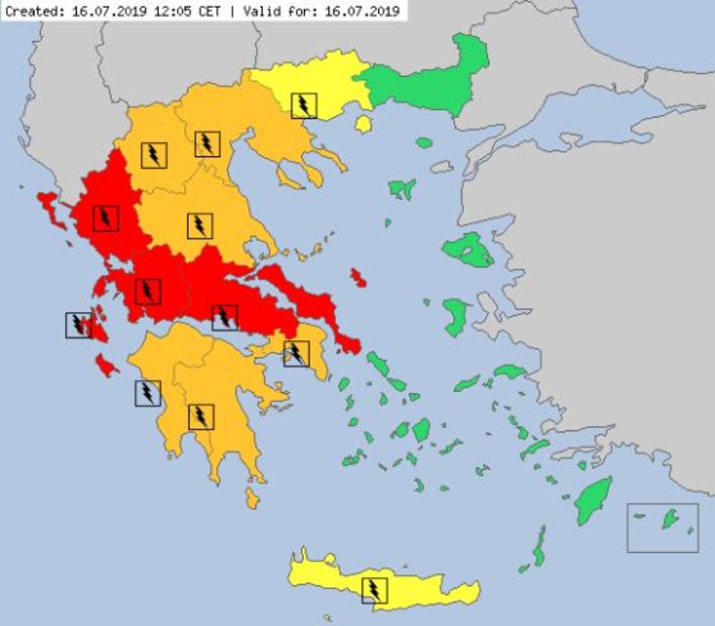 Ο προειδοποιητικός χάρτης ακραίων καιρικών φαινομένων για σήμερα, Τρίτη 16 Ιουλίου