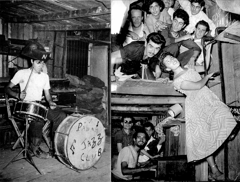 Πάρτι Σουίνγκ στην Ιπτάμενη Παράγκα το 1953. Στη ντραμς ο Πιτ Κουτρουμπούσης. Στο πιάνο ο Κυριάκος Χατηγεωργίου. ΑΡΧΕΙΟ Μ.Νταλούκα.