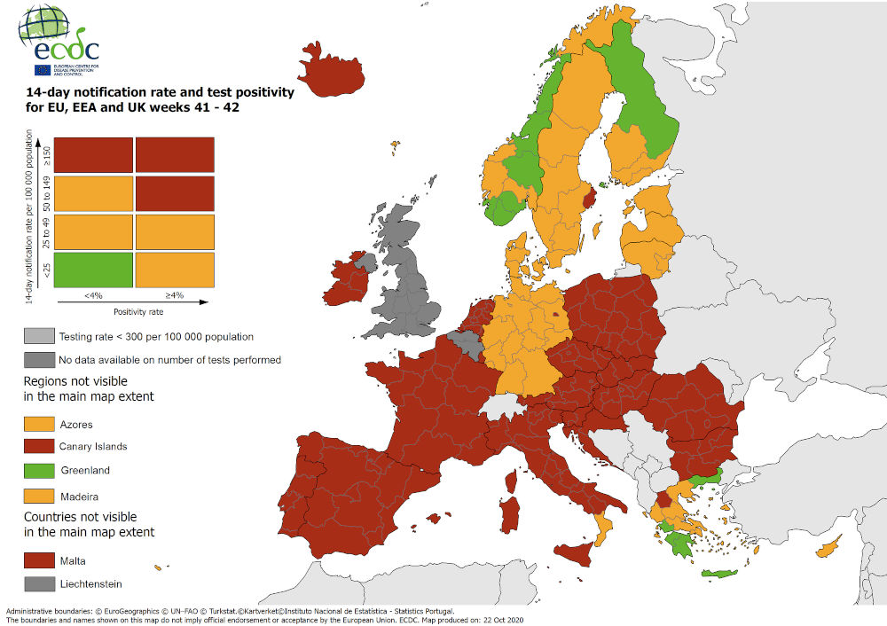 Ο χάρτης του ECDC για την επιδημιολογική εικόνα των περιοχών της Ευρώπης