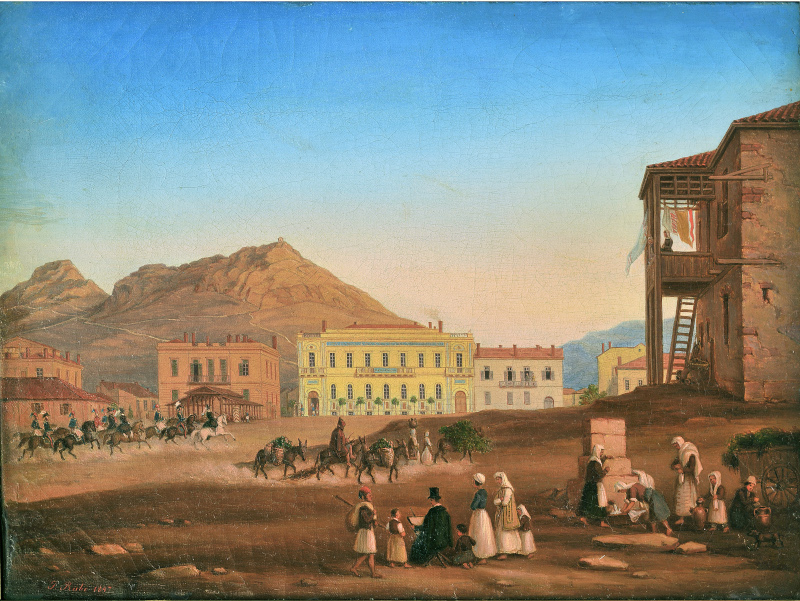  Η πλατεία Λουδοβίκου (σημερινή Κοτζιά), στην Αθήνα, 1847. Πίνακας του Γερμανού ζωγράφου Johannes Rabe. Στο κέντρο του πίνακα διακρίνεται το περίφημο «Ξενοδοχείον της Αγγλίας», ενώ δίπλα αριστερά το κτήριο που αγόρασε η Εθνική Τράπεζα το 1845 από τον Κυριάκο Δομνάδο, για να αποτελέσει κεντρικό κατάστημα της Τράπεζας. 