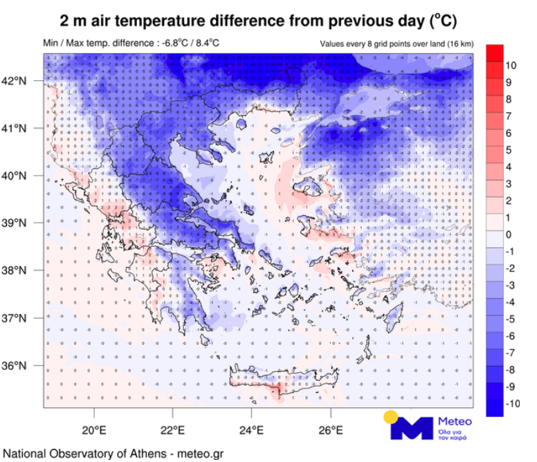  Προγνωστικός χάρτης της μεταβολής της μέγιστης θερμοκρασίας την Πέμπτη σε σχέση με τις αντίστοιχες τιμές την Τετάρτη
