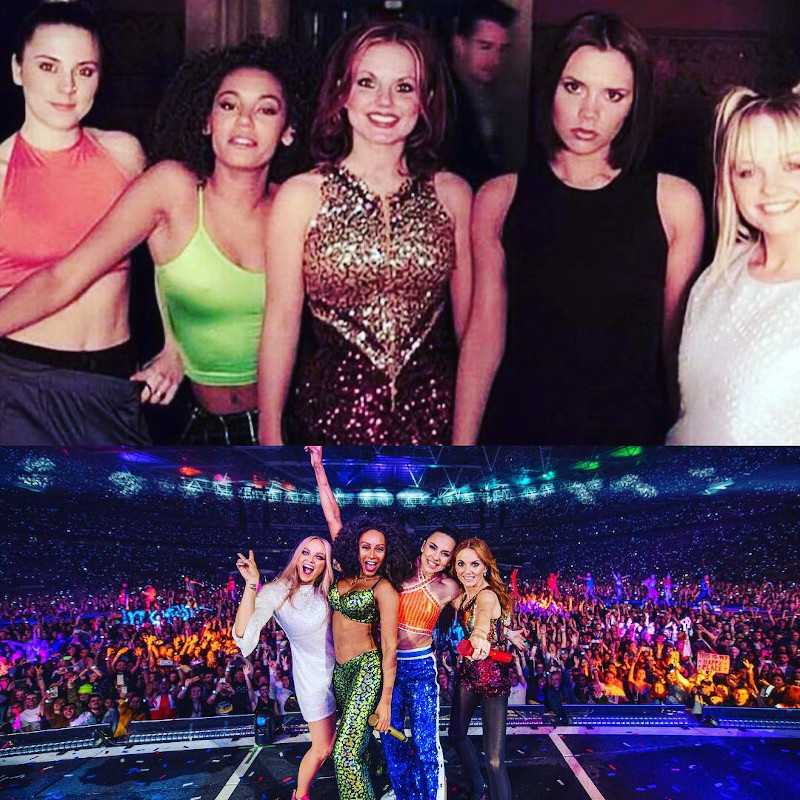 οι Spice Girls σε μια παλιά και σε μια πιο πρόσφατη φωτογραφία
