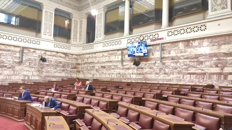 Οι βουλευτές στα έδρανα και οι φορείς στην οθόνη κατά τη διάρκεια της τηλεδιάσκεψης στη Βουλή 