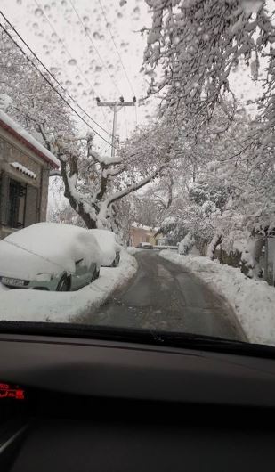 Χιονισμένος δρόμος στα Βίλια Αττικής