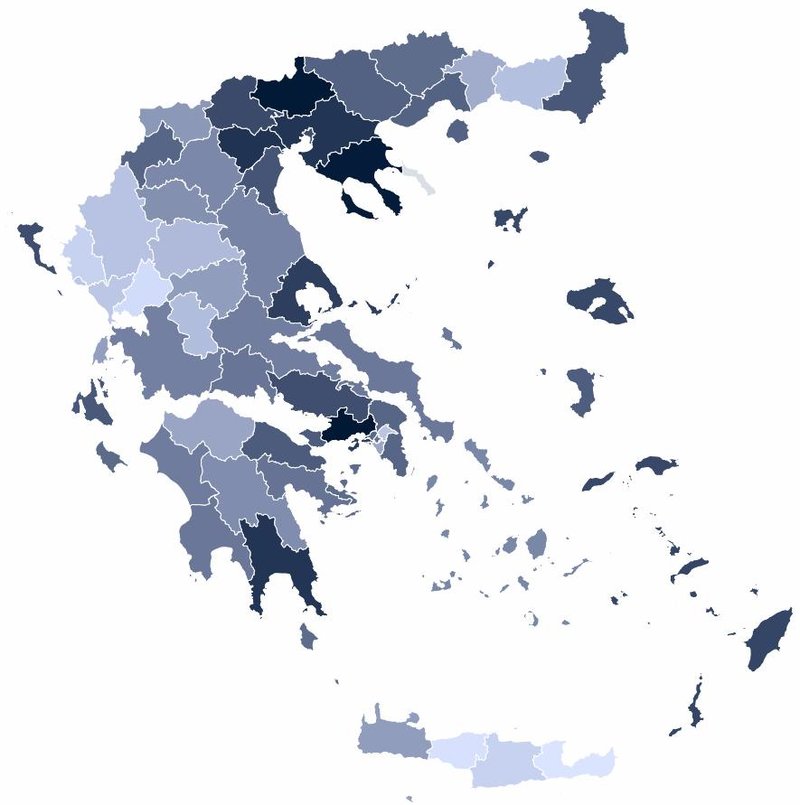 Πανελλαδικός χρωματικός χάρτης για τα ποσοστά της Χρυσής Αυγής