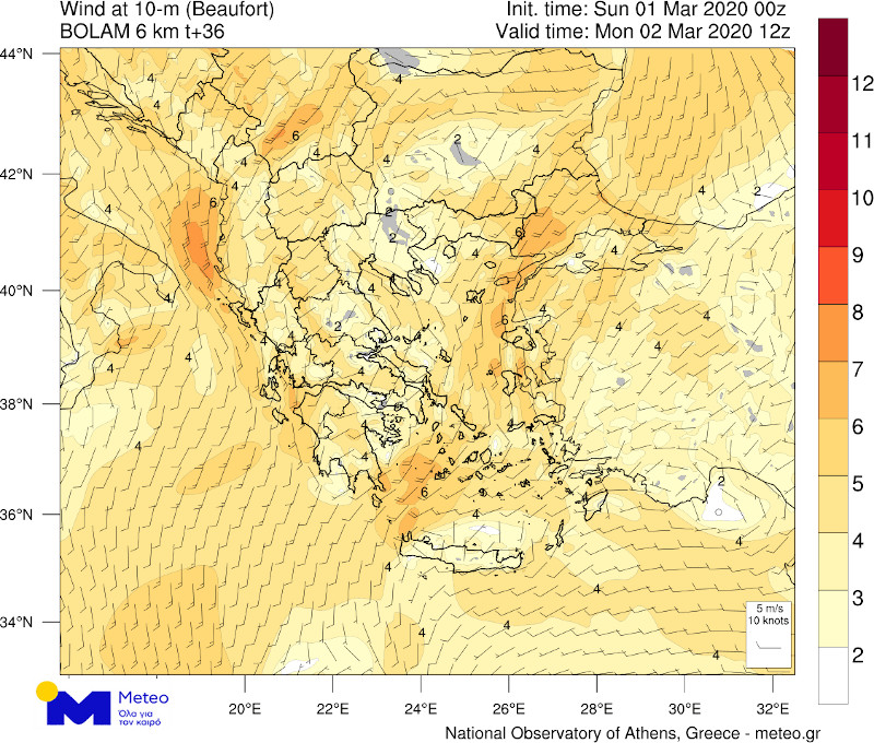 Οι εκτιμώμενες εντάσεις των ανέμων κατά τις μεσημεριανές ώρες της Καθαρής Δευτέρας