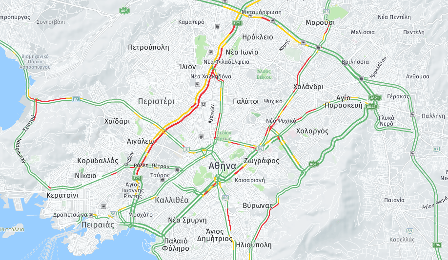 Ο Χάρτης με την κίνηση στους δρόμους λίγο μετά τις 08.00