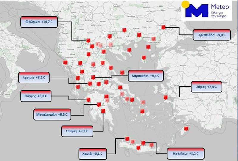 Η απόκλιση της μέγιστης θερμοκρασίας την Κυριακή 04/10 σε 50 επιλεγμένους σταθμούς του Εθνικού Αστεροσκοπείου Αθηνών/meteo.gr.
