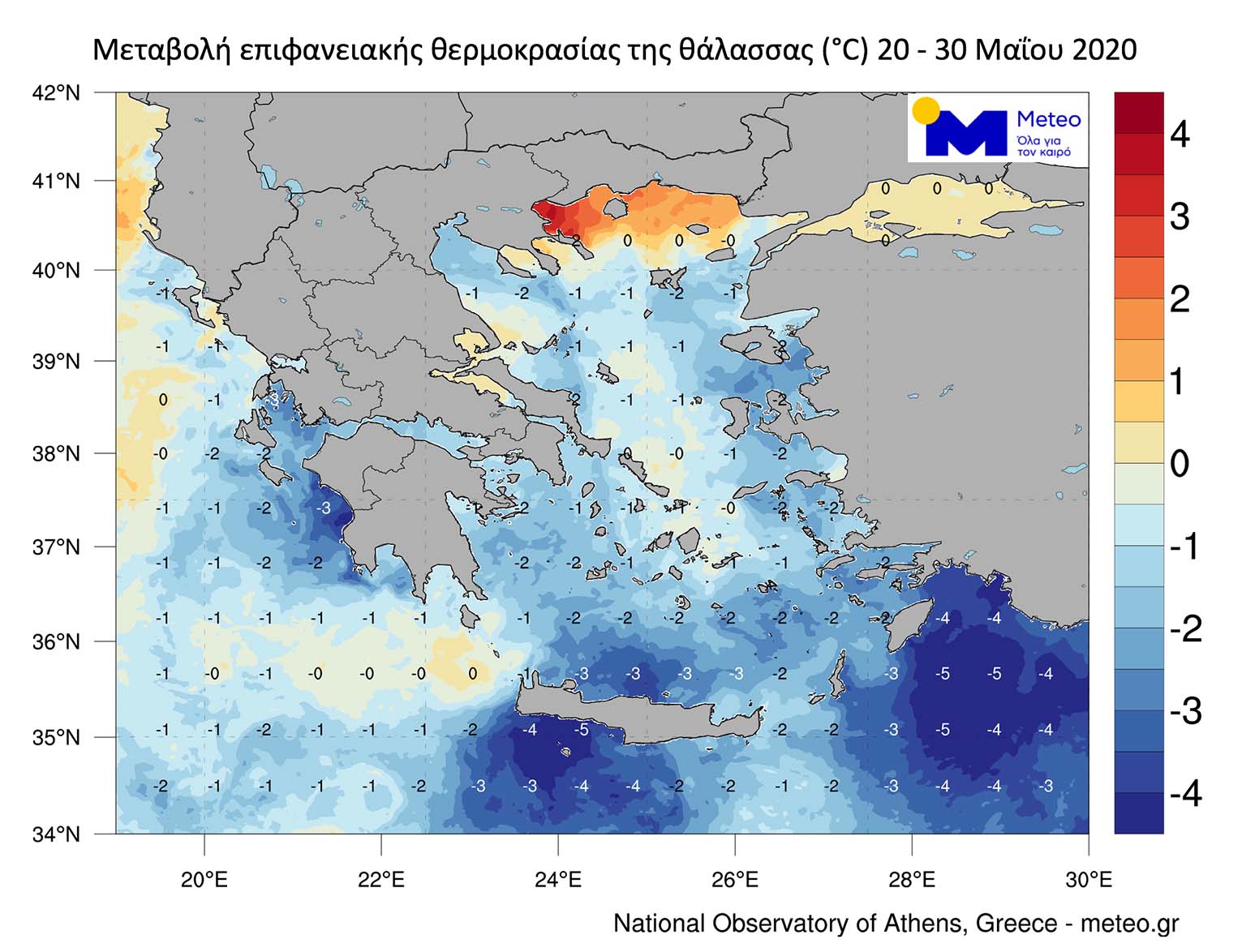 Ο χάρτης που δείχχνει τις θερμοκρασίες του νερού στην Ελλάδα, σύμφωνα με το meteo