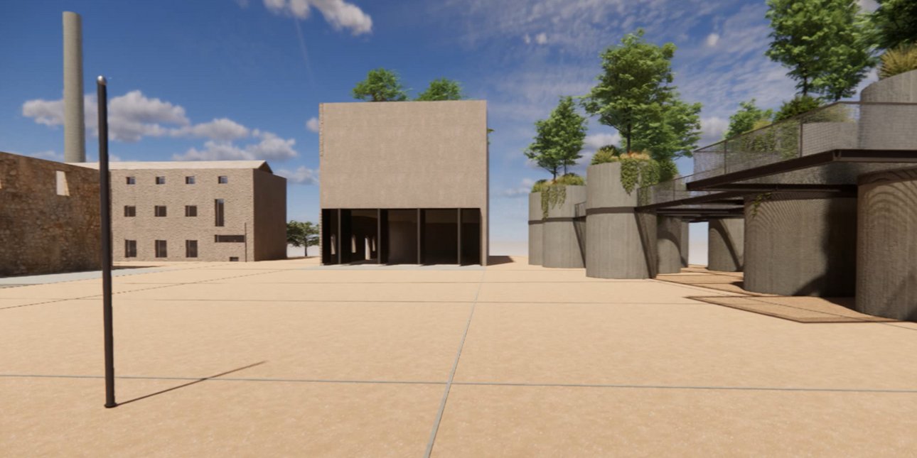 Φωτορεαλιστική απεικόνιση της διαμόρφωσης του υπαίθριου χώρου με χρήση μέρους των σιλό για φύτευση