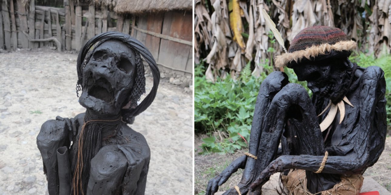 Παραδείγματα καπνισμένων μούμιων που φυλάσσονται σε ιδιωτικές κατοικίες στην Παπούα της Ινδονησίας,