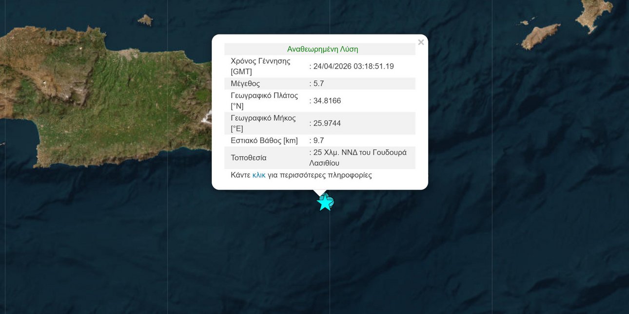 Κρήτη: Σεισμός 5,7 Ρίχτερ ανοιχτά του Λασιθίου -Ήταν ιδιαίτερα αισθητός και ανησύχησε τους κατοίκους
